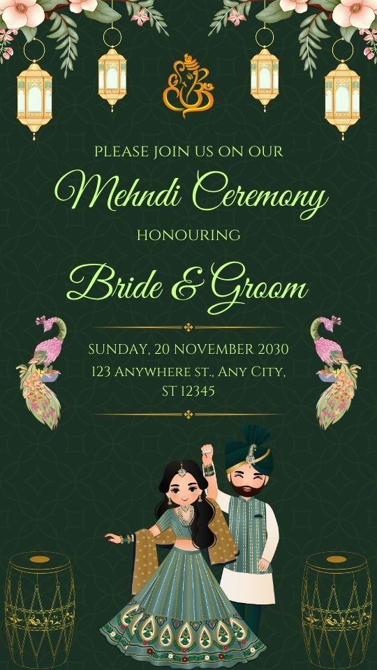 Green Yellow Illustrative Mehndi Invitation
