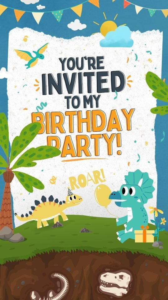 Blue and Orange Playful Dinosaur Birthday Party Invitation