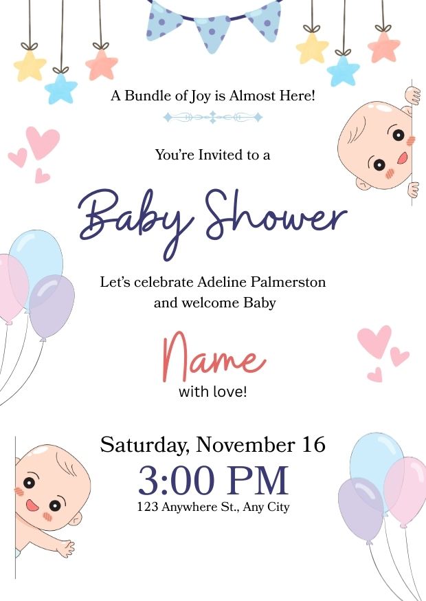 Blue And Pink Playful Cute Baby Shower Virtual Video Invitation