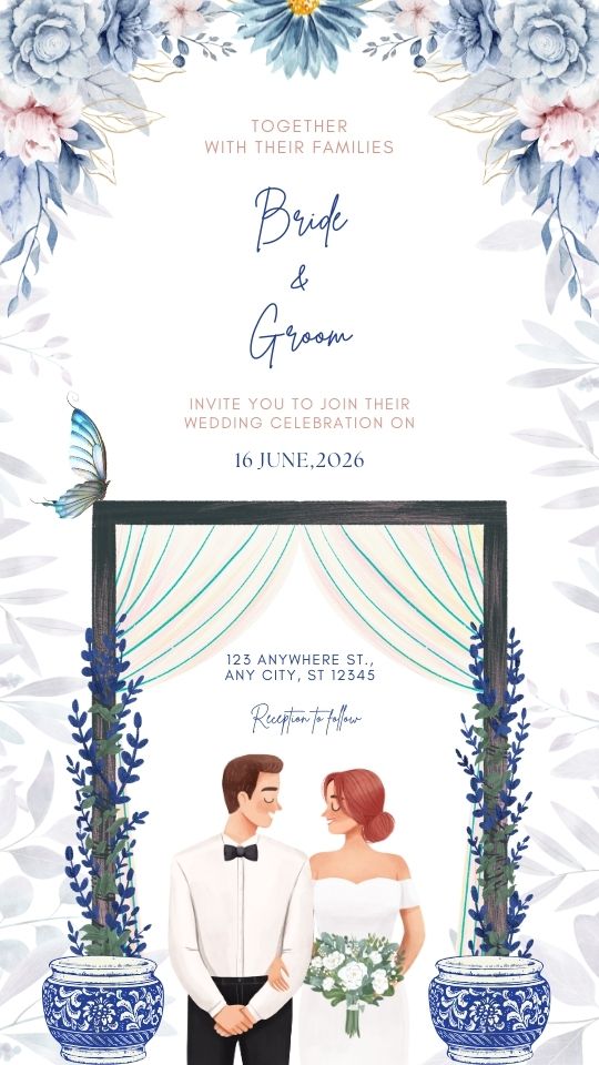 Blue and White Floral Wedding Invitation