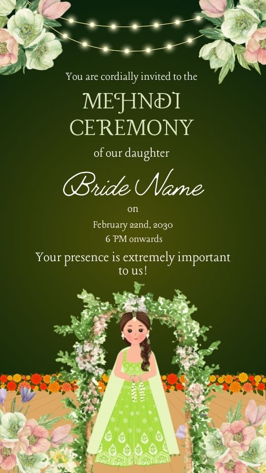 Green and Pink Floral Indian Wedding Mehndi Ceremony Invitation